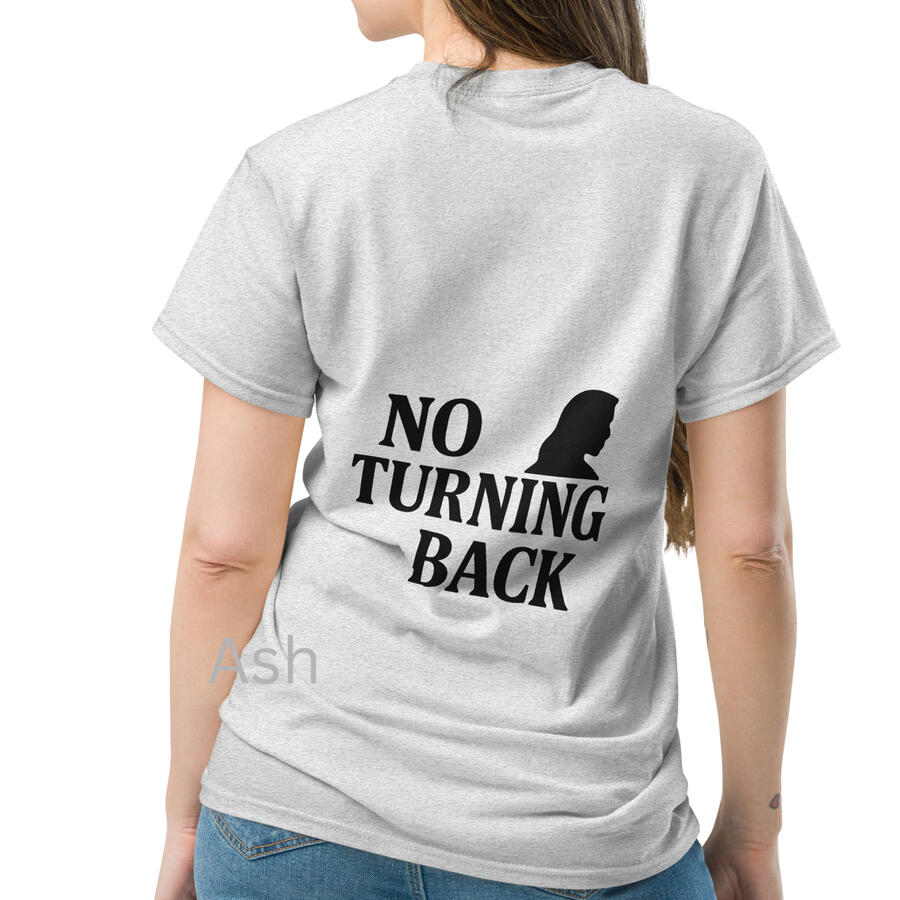 A woman wearing a "I Have Decided Women's tee in Ash color showing the back design 'No Turning Back'" by Tela Designs Store