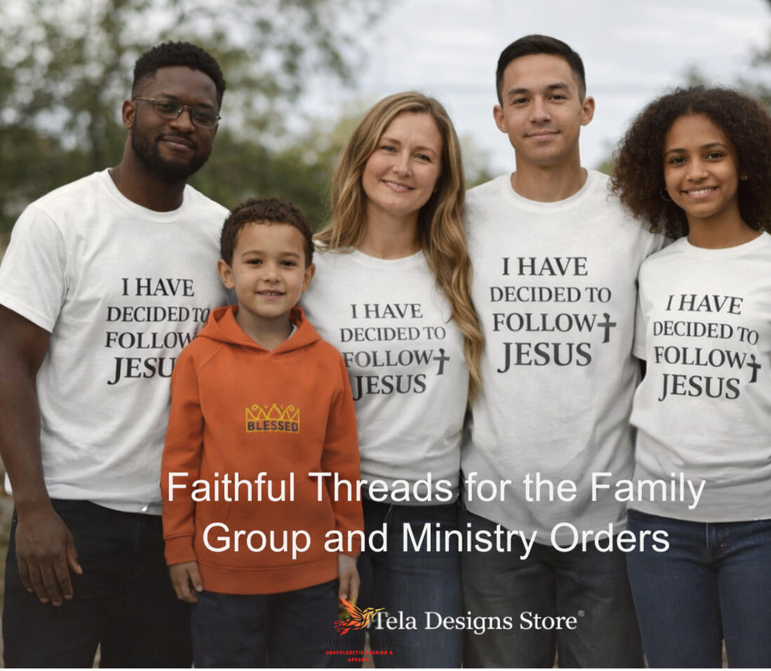 Diverse family group wearing Christian apparel from Tela Designs Store’s Faithful Threads collection, featuring men, women, and children in faith-centered clothing for group and ministry orders.