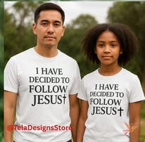 An Asian man and a preteen African American girl are wearing “I Have Decided to Follow Jesus” faith-based apparel tees outdoors - by Tela Designs Store
